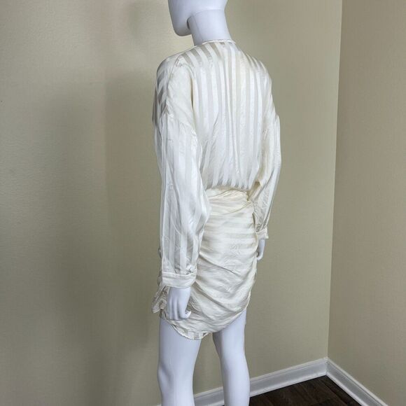 Michelle Mason Womens Size 4 Ivory Crepe Silk Satin Stripe Mini Wrap Shirt Dress - Picture 13 of 15